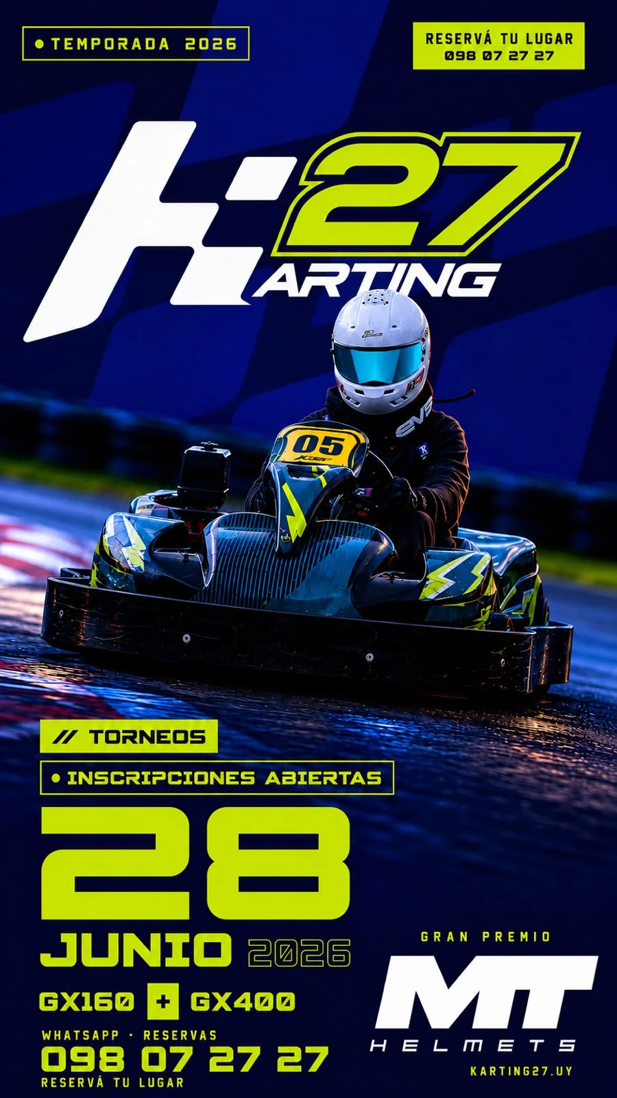 Flyer del Gran Premio MT en Karting 27: torneo GX160 y GX400 el 28 de junio de 2026