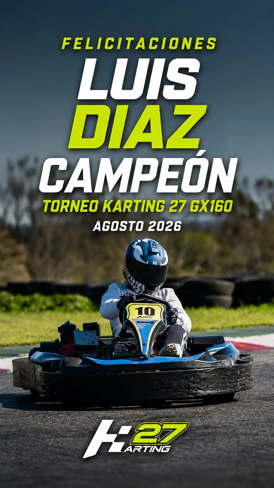Placa de felicitación a Luis Díaz, campeón de la tercera fecha del GX160 en Karting 27