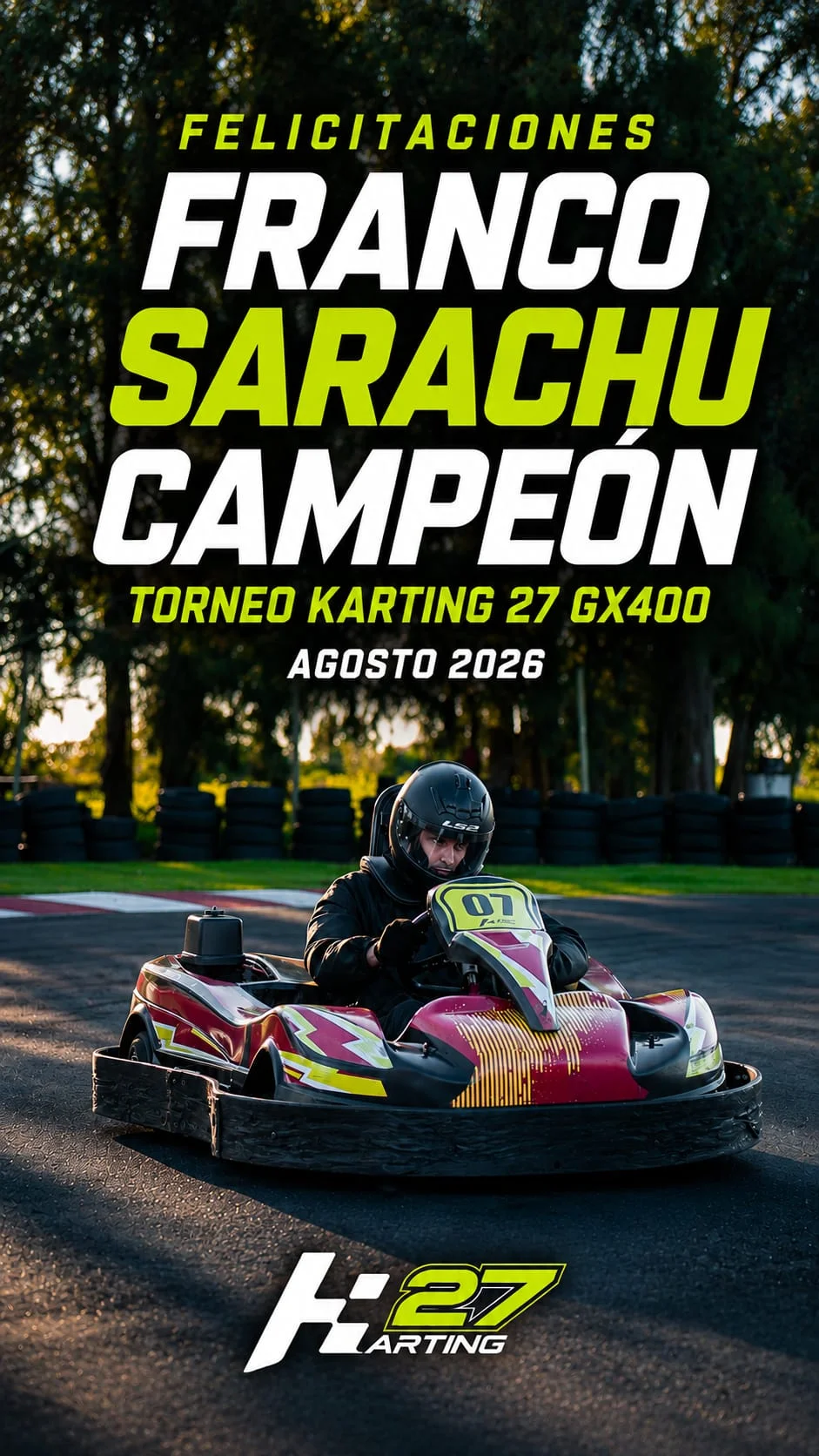 Placa de felicitación a Franco Sarachu, campeón de la tercera fecha del GX400 en Karting 27